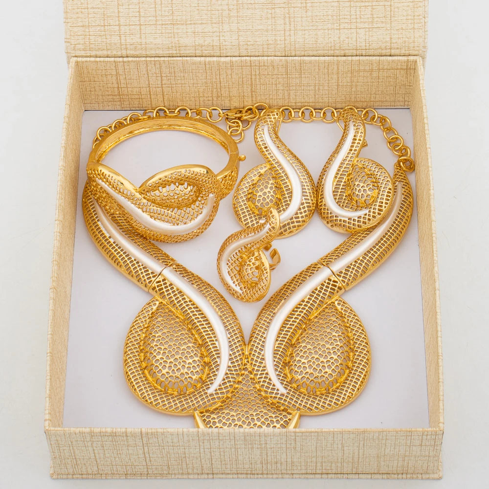 Fashion African Design Jewelry Set Lady Women Large Necklace Gold Color Earrings Luxury Bracelet Ring Jewelry Bridal Engagement