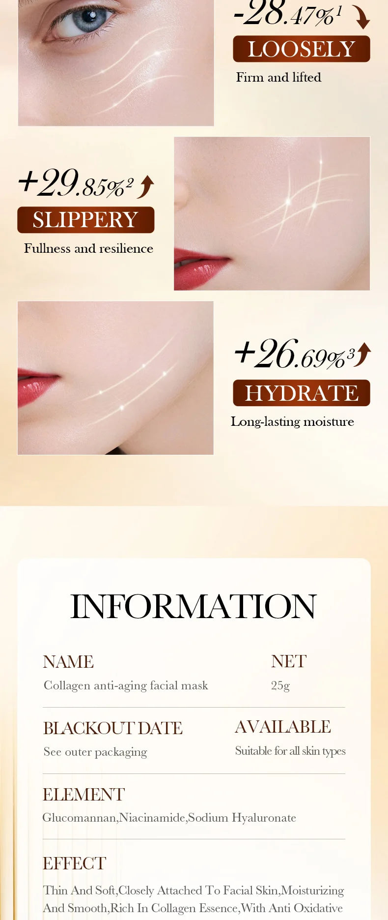 Bio Collagen Anti Wrinkle Facial Mask Anti Aging Fade Fine Line Firming Lift Skin Deep Hydrating Brighten Repair Skin Care