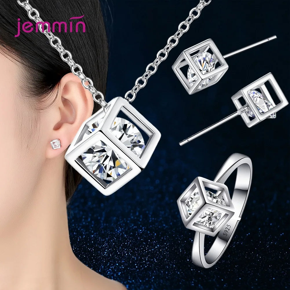 Fashion 925 Silver Jewelry Sets For Ladies Wonderful Engagement Party Pendant Necklace Hoop Earring Bracelet Ring
