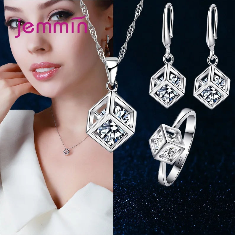 Fashion 925 Silver Jewelry Sets For Ladies Wonderful Engagement Party Pendant Necklace Hoop Earring Bracelet Ring