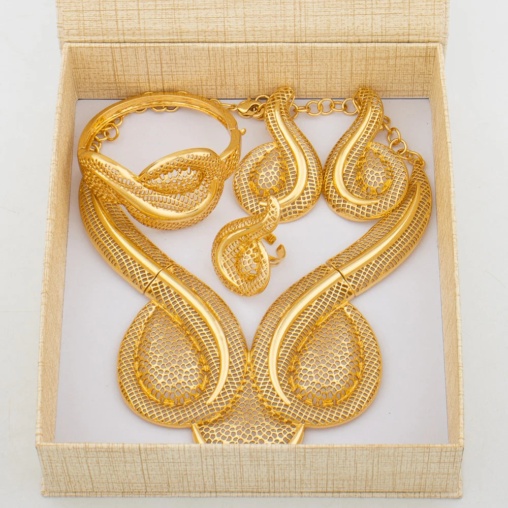Fashion African Design Jewelry Set Lady Women Large Necklace Gold Color Earrings Luxury Bracelet Ring Jewelry Bridal Engagement