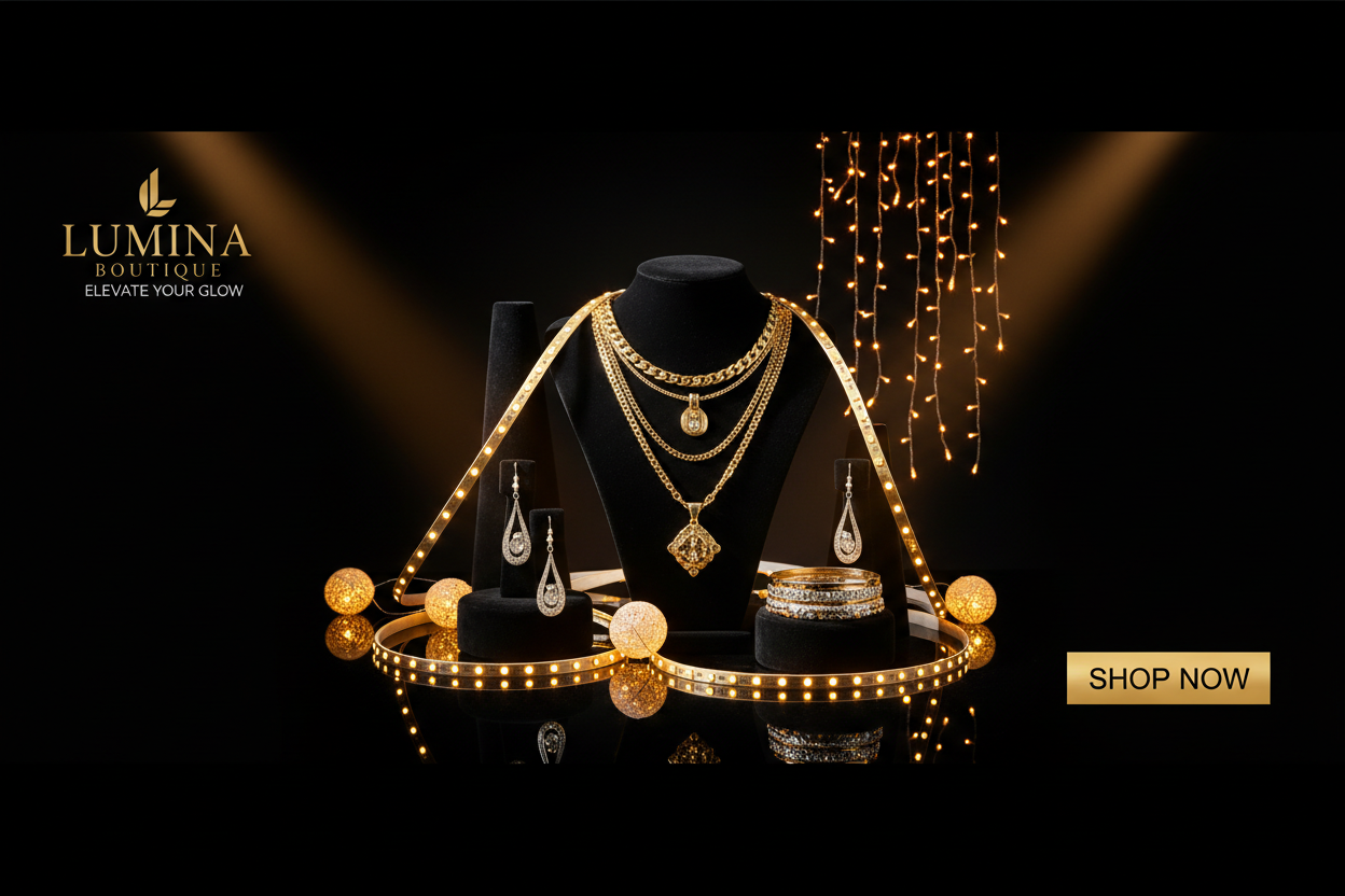 HELP ME GENERATE A PROFESSIONAL BANNER FOR FASHION JEDWELRY,LED LIGHT AND SOME OTHEIN THE STORE AND MSAKE IT LOOK PROFESSIONASB AMD LOOK EYE CATCHING