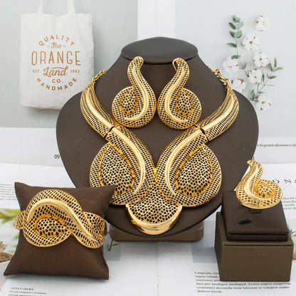Fashion African Design Jewelry Set Lady Women Large Necklace Gold Color Earrings Luxury Bracelet Ring Jewelry Bridal Engagement
