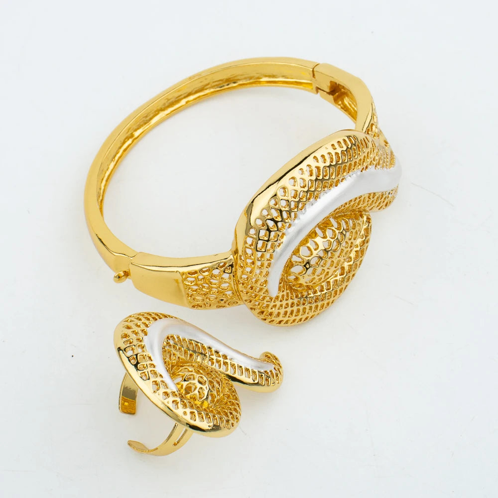 Fashion African Design Jewelry Set Lady Women Large Necklace Gold Color Earrings Luxury Bracelet Ring Jewelry Bridal Engagement