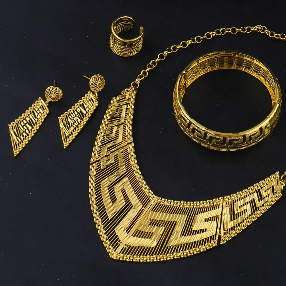 Fashion Woman Luxury 18K Gold Plated Jewelry SetDubai Necklace Earrings Bracelet Ring Wholesale Free Shipping
