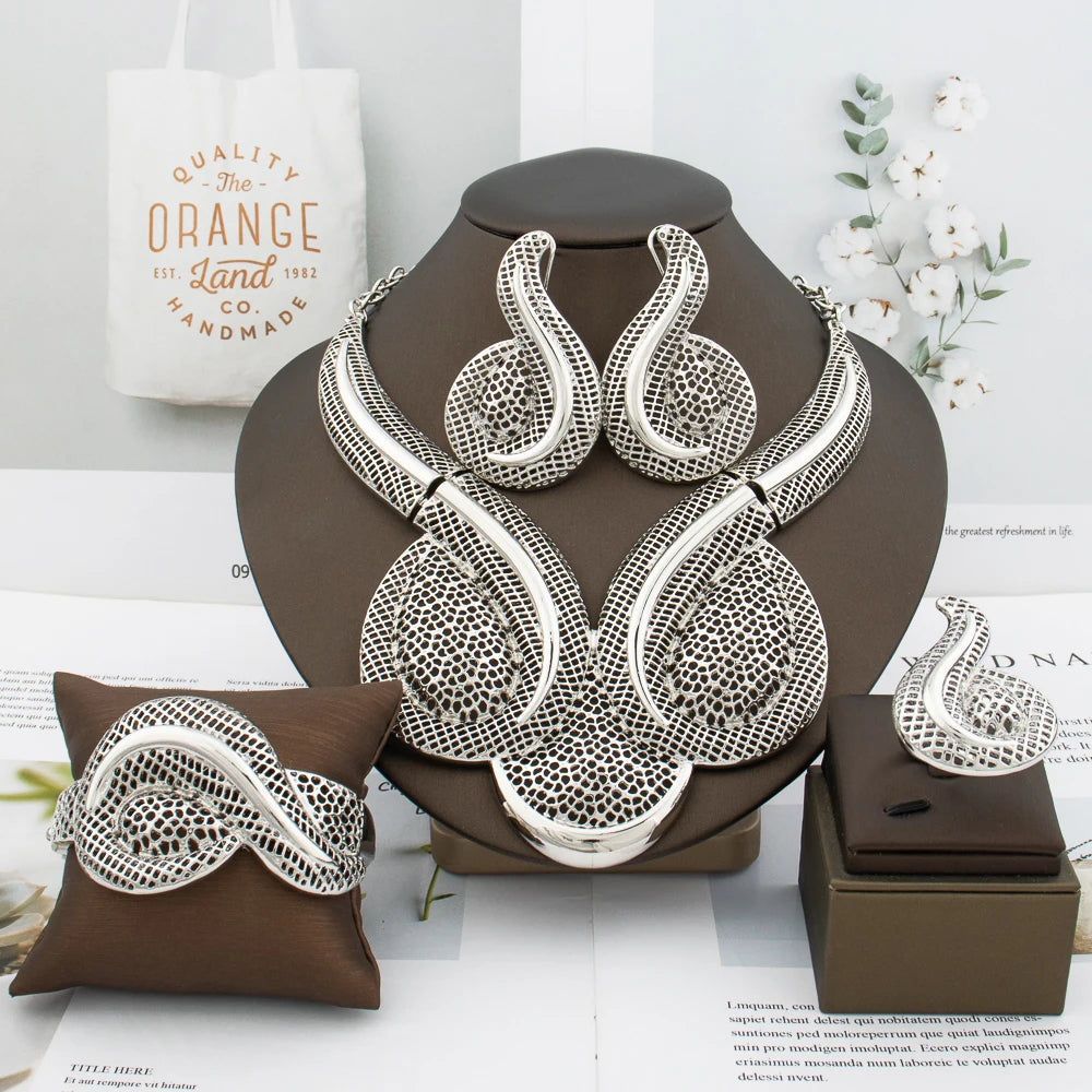 Fashion African Design Jewelry Set Lady Women Large Necklace Gold Color Earrings Luxury Bracelet Ring Jewelry Bridal Engagement