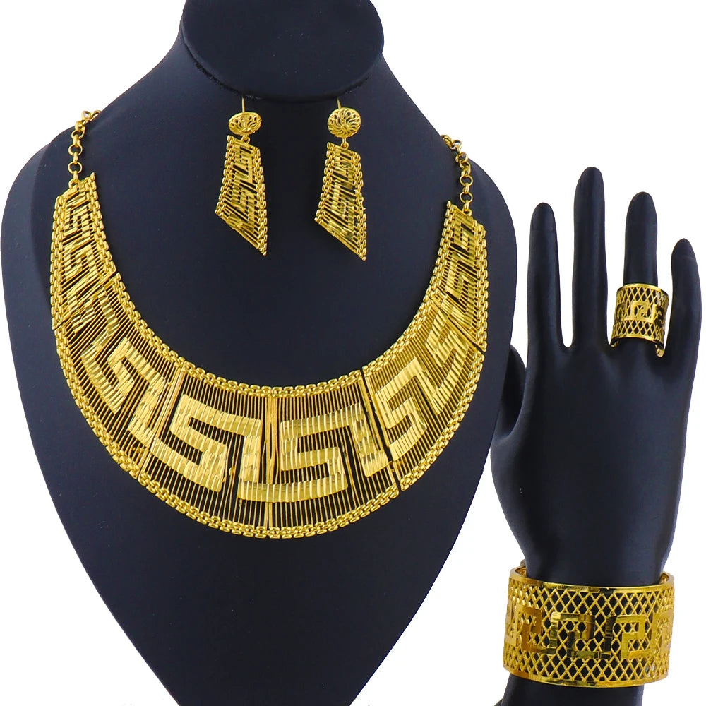 Fashion Woman Luxury 18K Gold Plated Jewelry SetDubai Necklace Earrings Bracelet Ring Wholesale Free Shipping