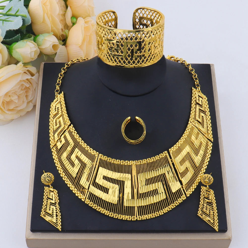 Fashion Woman Luxury 18K Gold Plated Jewelry SetDubai Necklace Earrings Bracelet Ring Wholesale Free Shipping