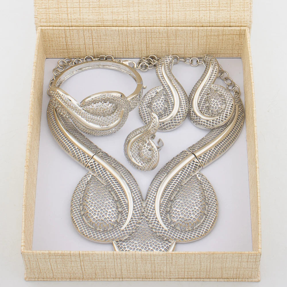 Fashion African Design Jewelry Set Lady Women Large Necklace Gold Color Earrings Luxury Bracelet Ring Jewelry Bridal Engagement