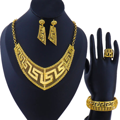 Fashion Woman Luxury 18K Gold Plated Jewelry SetDubai Necklace Earrings Bracelet Ring Wholesale Free Shipping