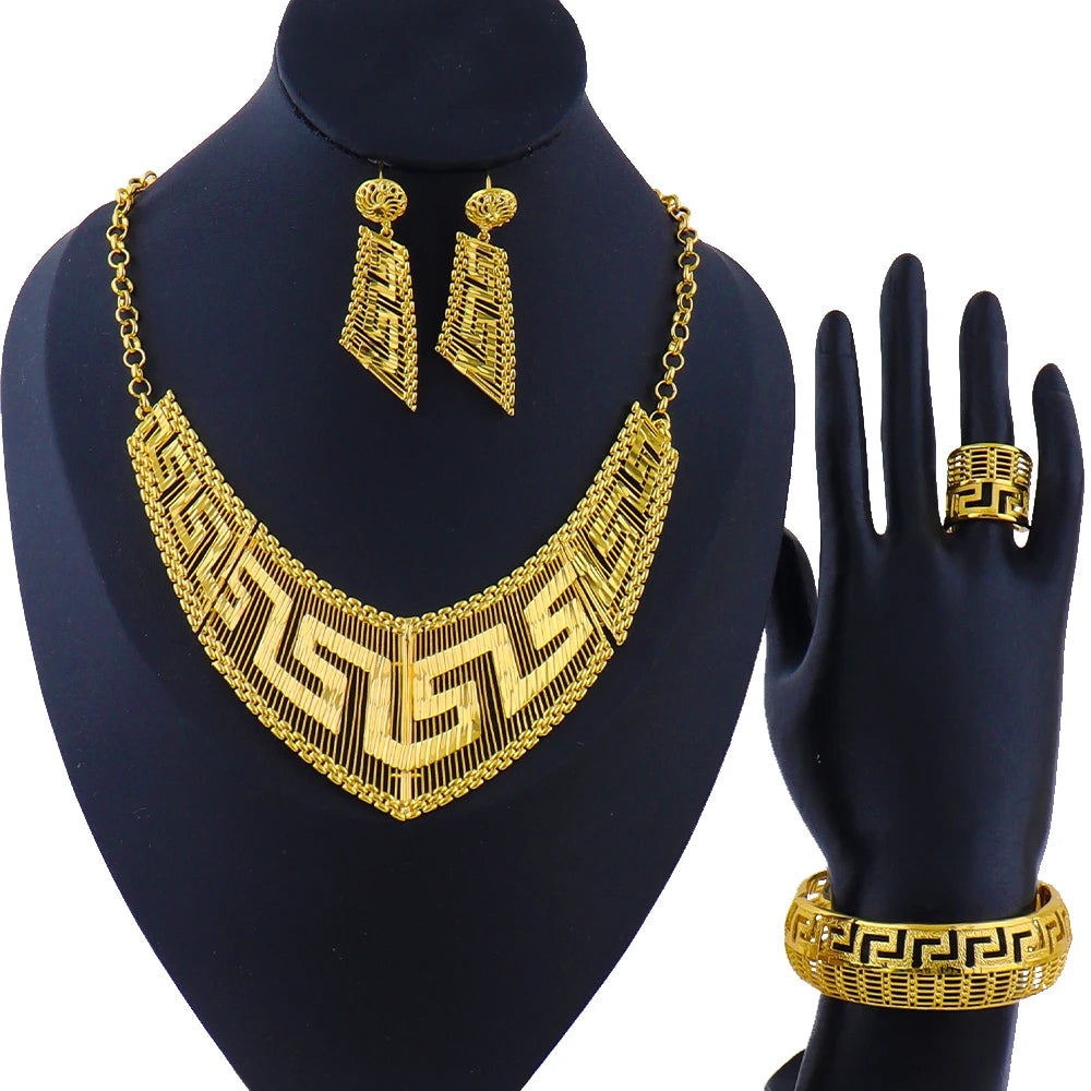 Fashion Woman Luxury 18K Gold Plated Jewelry SetDubai Necklace Earrings Bracelet Ring Wholesale Free Shipping
