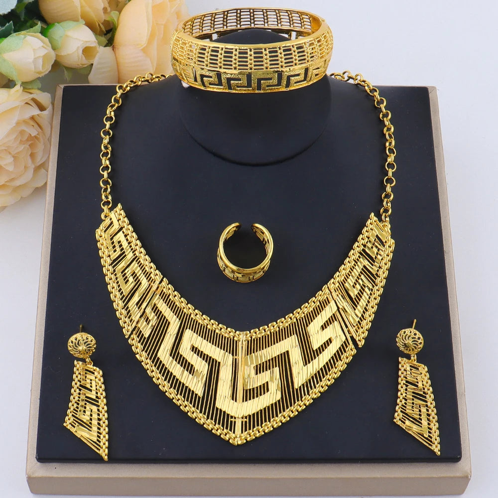 Fashion Woman Luxury 18K Gold Plated Jewelry SetDubai Necklace Earrings Bracelet Ring Wholesale Free Shipping