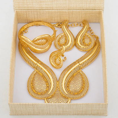 Fashion African Design Jewelry Set Lady Women Large Necklace Gold Color Earrings Luxury Bracelet Ring Jewelry Bridal Engagement