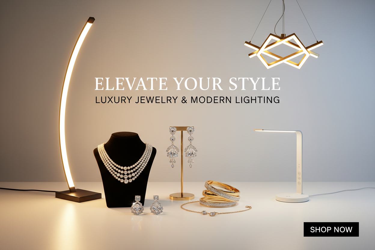 HELP ME GENERATE A PROFESSIONAL BANNER FOR FASHION JEDWELRY,LED LIGHT AND SOME OTHEIN THE STORE AND MSAKE IT LOOK PROFESSIONASB AMD LOOK EYE CATCHING AND MAKE IT LOOK ATTRACTIV ED IN CUSTOMER FACE
